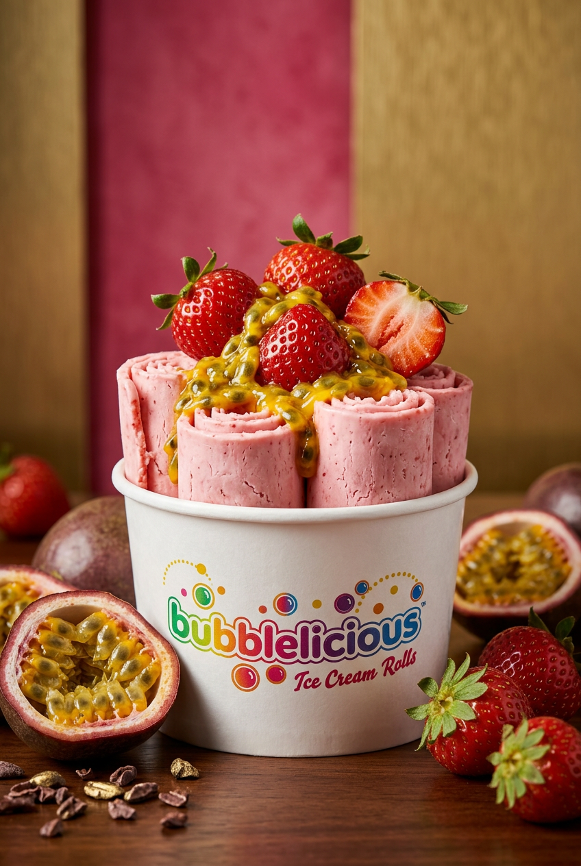Be Passionate Bubblelicious rolled ice cream with strawberry and passion fruit in a branded cup