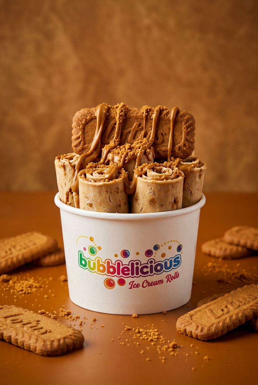 Beautiful Biscoff Bubblelicious rolled ice cream with Lotus Biscoff and Biscoff spread in a branded cup