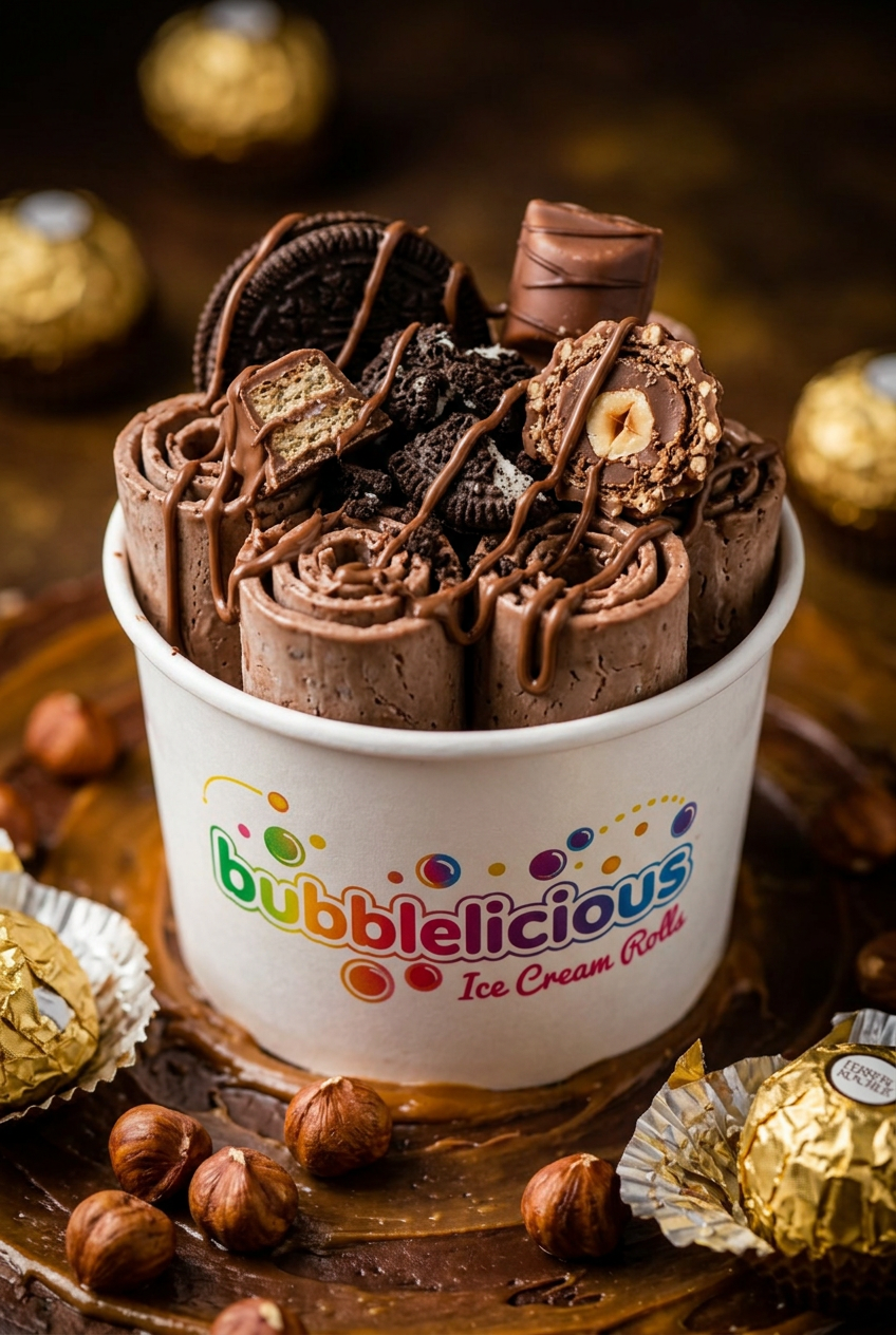 Best Of All Times Bubblelicious rolled ice cream with Kinder Bueno, Oreo, Ferrero Rocher and Nutella in a branded cup