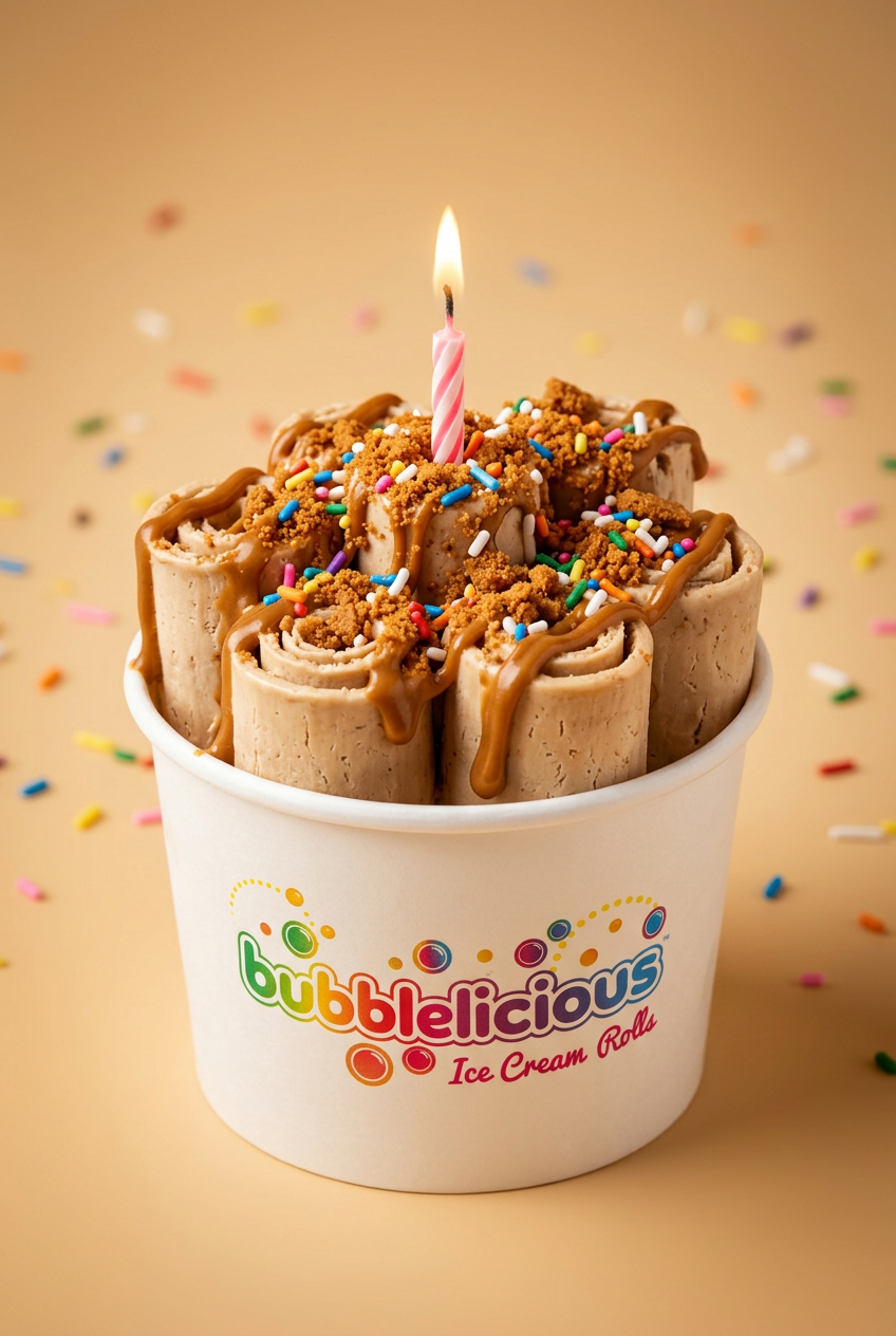 Bubba’s Birthday Bubblelicious rolled ice cream with Biscoff spread and sprinkles in a branded cup