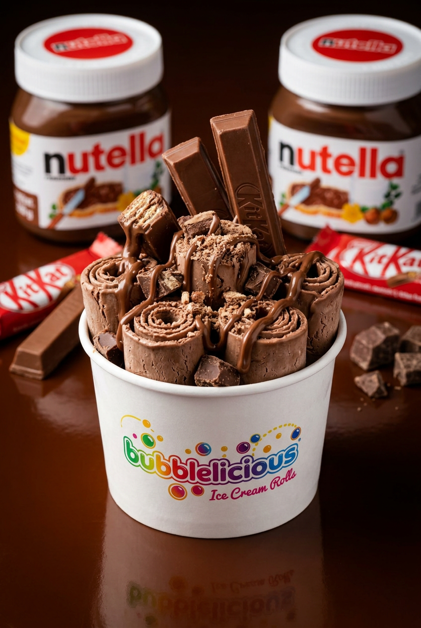 Chocolate Heaven Bubblelicious rolled ice cream with KitKat and Nutella in a branded cup