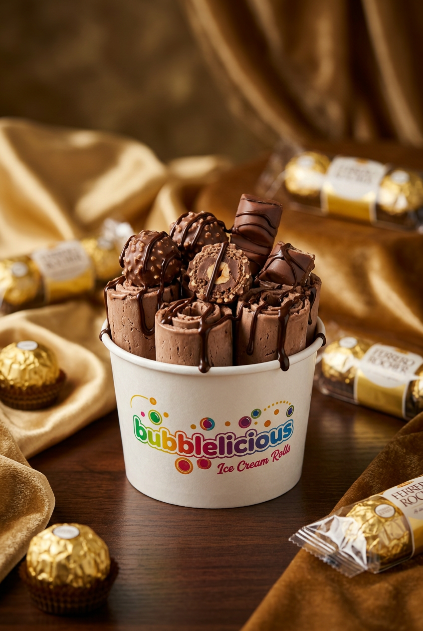 Happy Kinder Bubblelicious rolled ice cream with Ferrero Rocher and Kinder Bueno in a branded cup