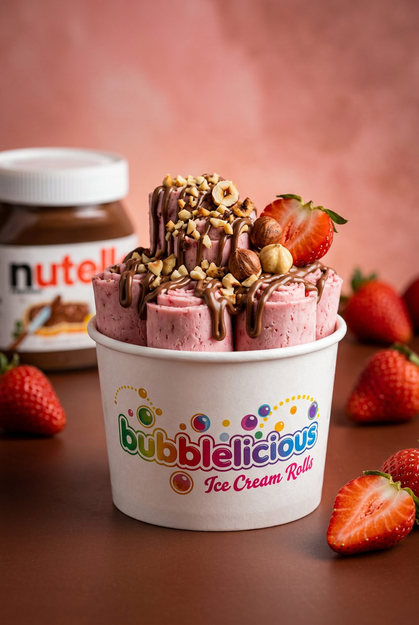 Hey Gorgeous Bubblelicious rolled ice cream with strawberry and Nutella in a branded cup