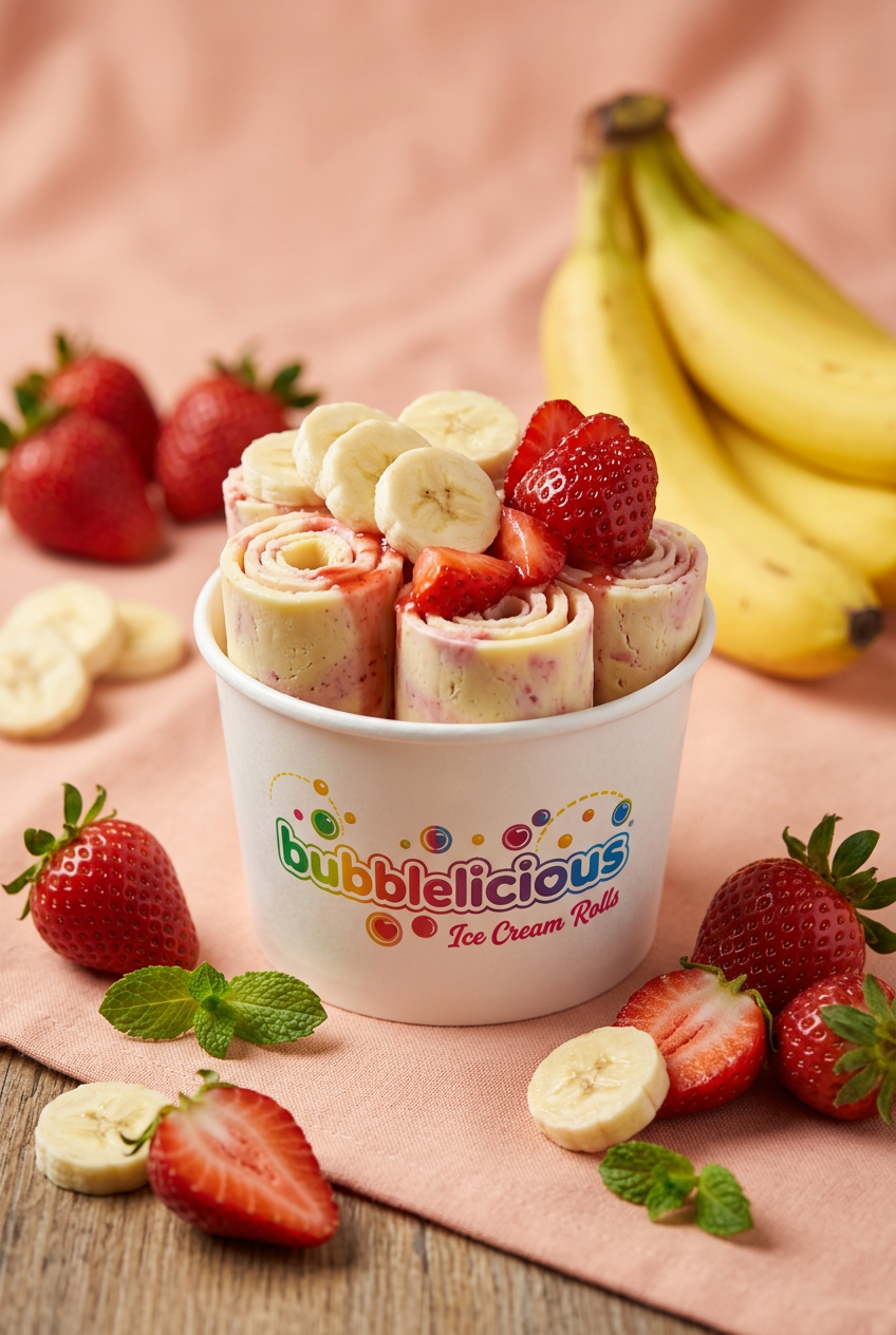 I Am In Love Bubblelicious rolled ice cream with banana and strawberry in a branded cup
