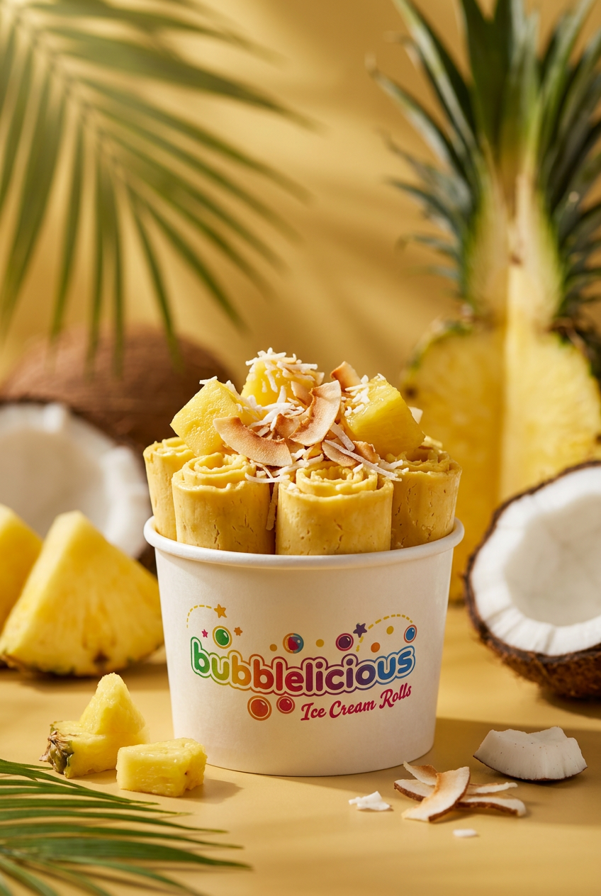 Island Breeze Bubblelicious rolled ice cream with pineapple and coconut in a branded cup