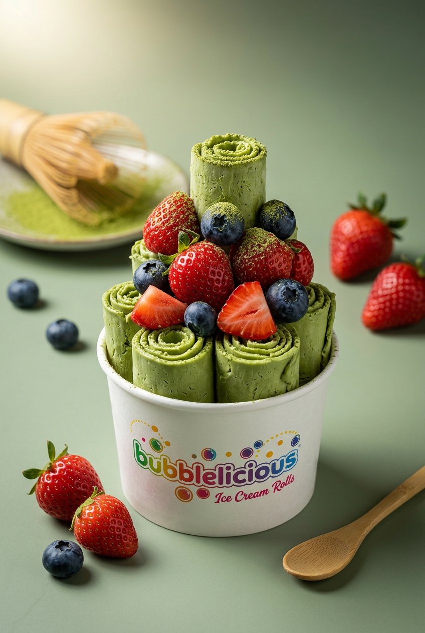 Match Doing Later Bubblelicious rolled ice cream with matcha, strawberries and blueberries in a branded cup
