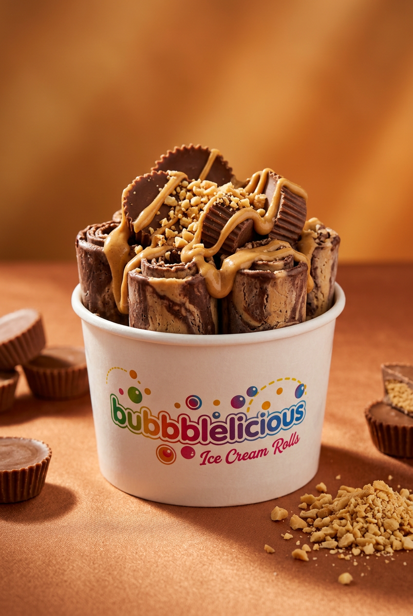 Naughty Nutty Bubblelicious rolled ice cream with Reese’s chocolate and peanut butter in a branded cup