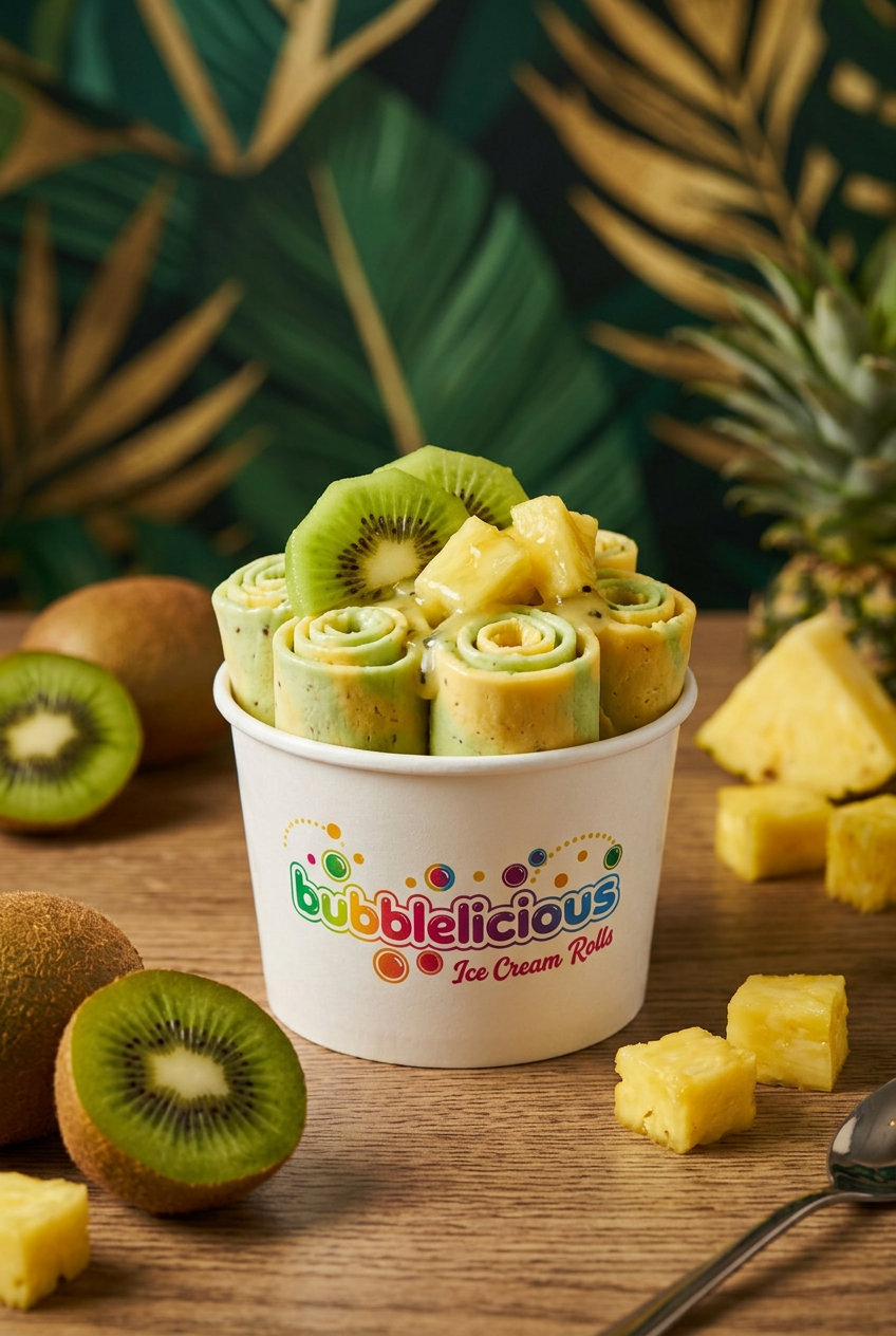 Paradise Swirl Bubblelicious rolled ice cream with kiwi and pineapple in a branded cup