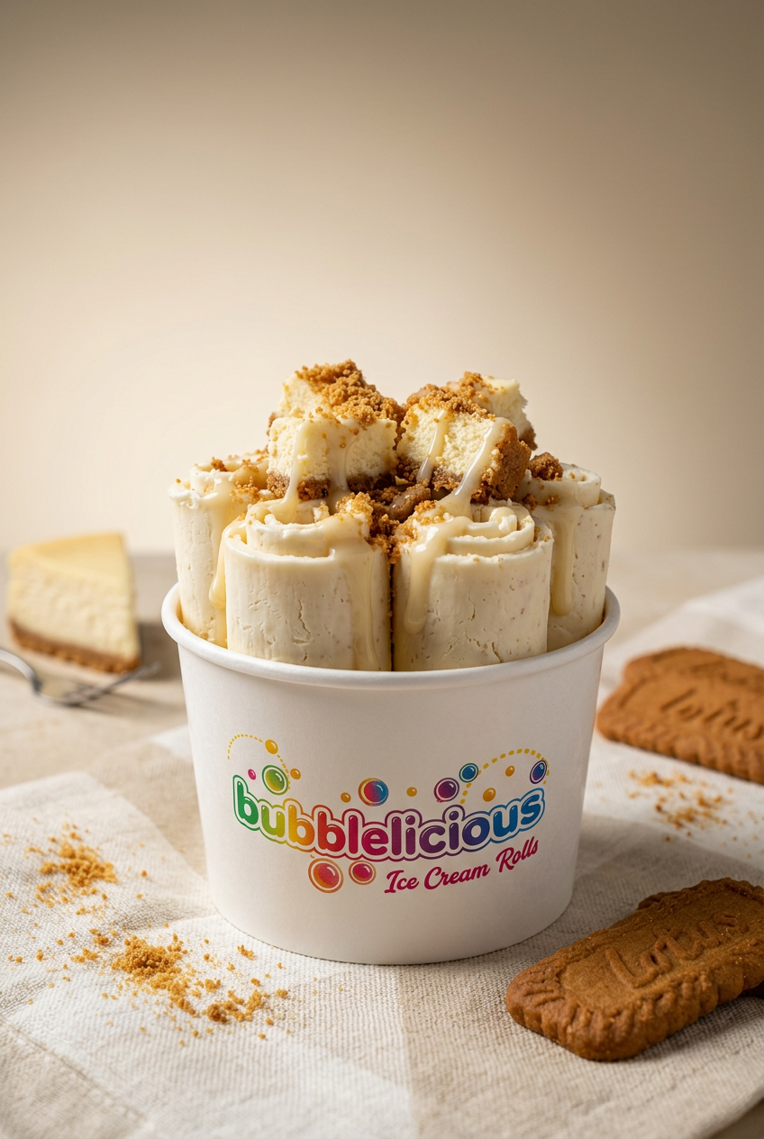 Plain Old Cheese Bubblelicious rolled ice cream with vanilla and cheesecake in a branded cup