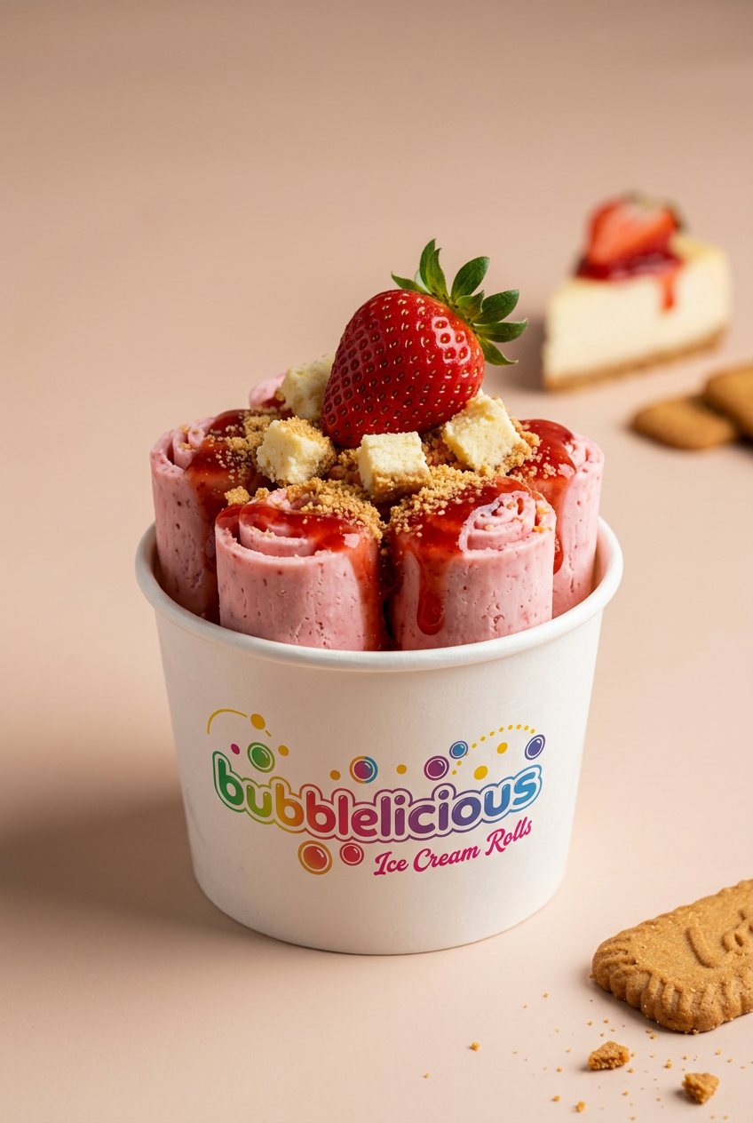 Say Cheese Bubblelicious rolled ice cream with strawberry and cheesecake in a branded cup
