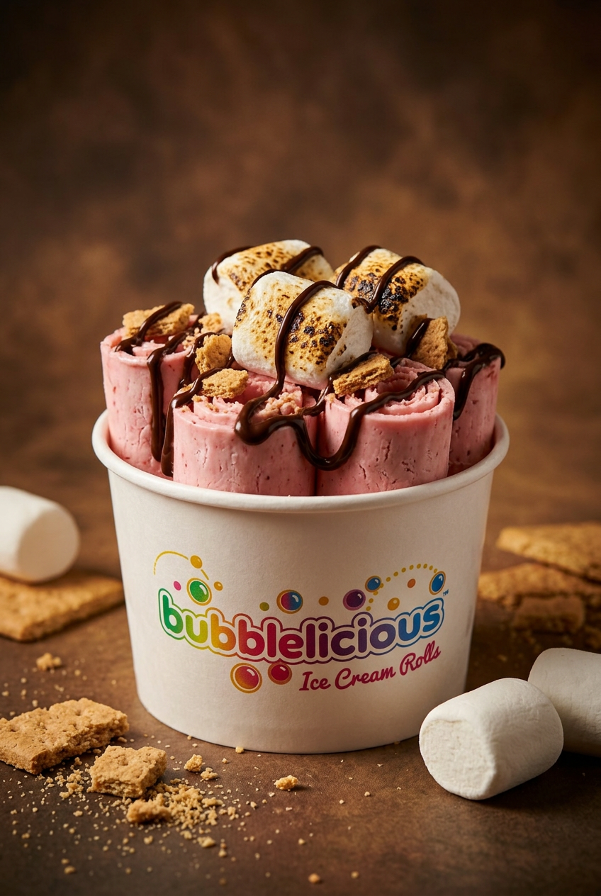 S’mores Bubblelicious rolled ice cream with strawberry and toasted marshmallow toppings in a branded cup