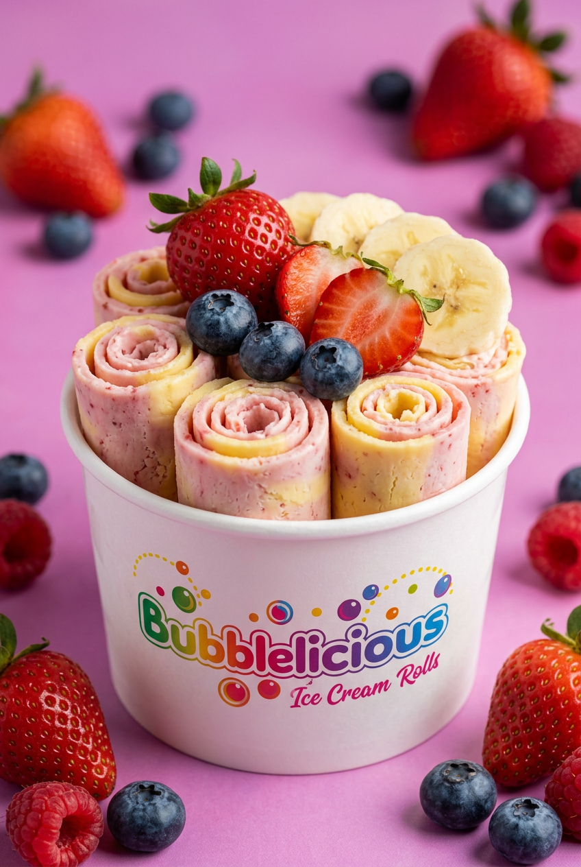 Tutti Frutti Bubblelicious rolled ice cream with banana, strawberry and blueberries in a branded cup