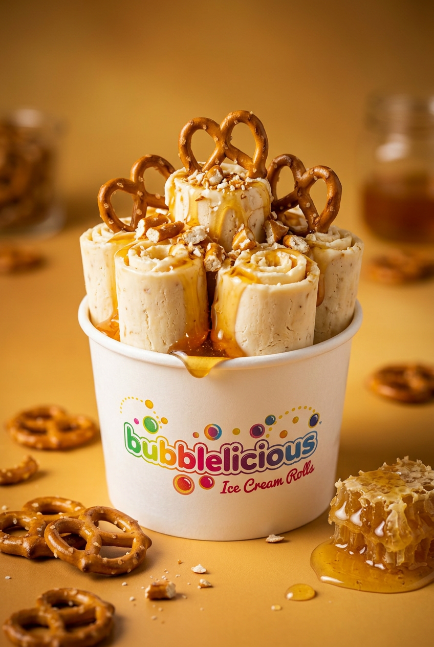 Twist N Buzzz Bubblelicious rolled ice cream with pretzel and honey in a branded cup
