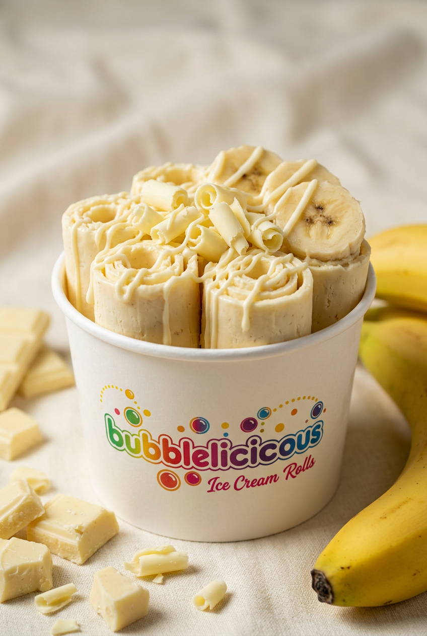 Watch Me Eat Me Bubblelicious rolled ice cream with banana and white chocolate in a branded cup